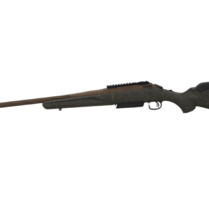 Bolt-action rifle with camo stock and muzzle brake