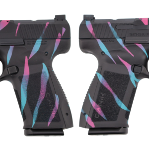 Two custom black pistols with colorful streak design