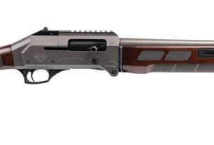 Pump-action shotgun with wooden stock and rail
