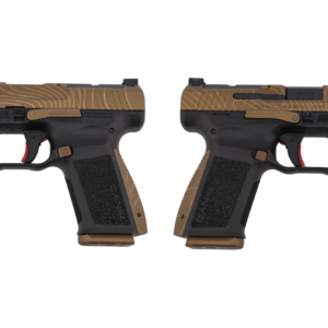 Two tan and black semi-automatic pistols side view