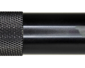 Black cylindrical firearm suppressor on white background