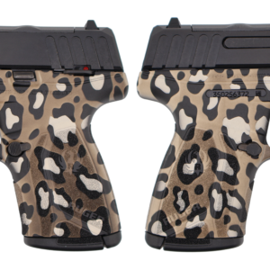 Compact 9mm pistol with leopard print frame