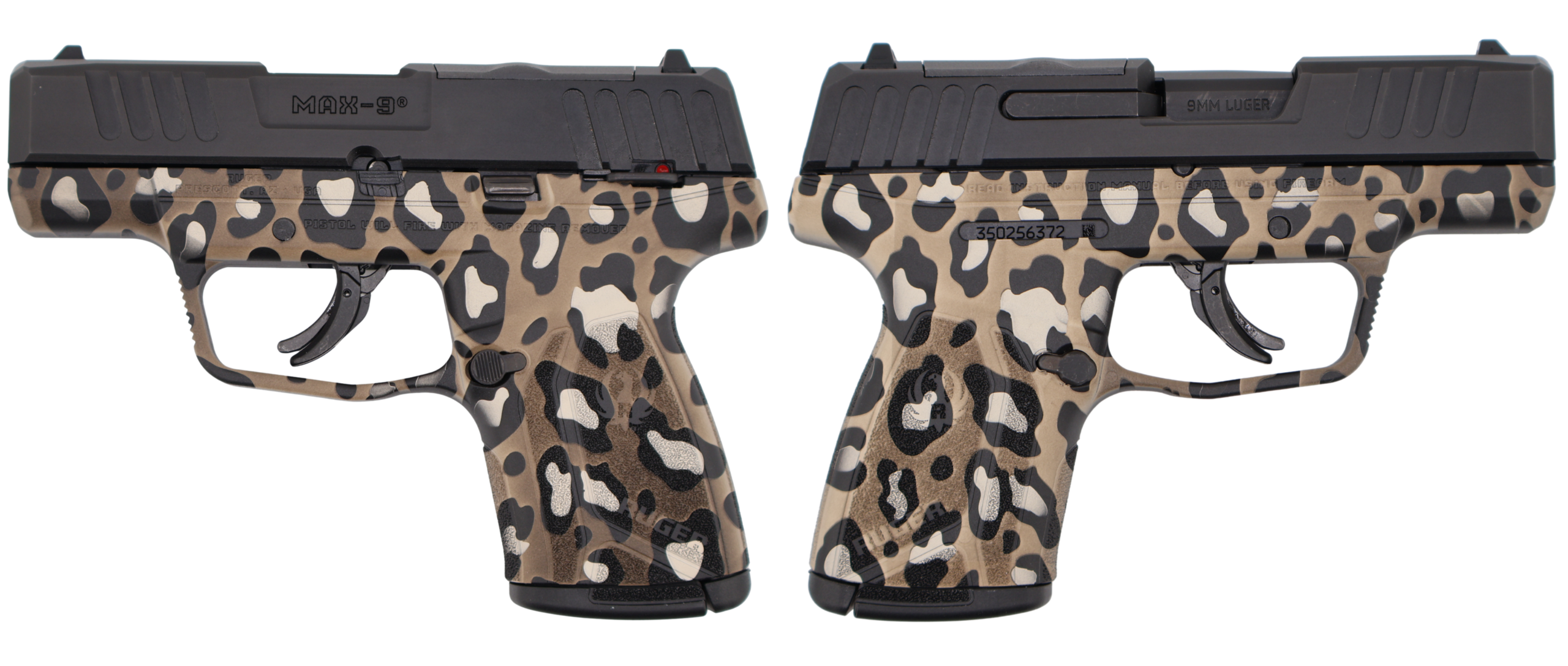 Compact 9mm pistol with leopard print frame