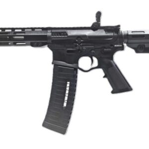Black AR-style rifle with extended magazine