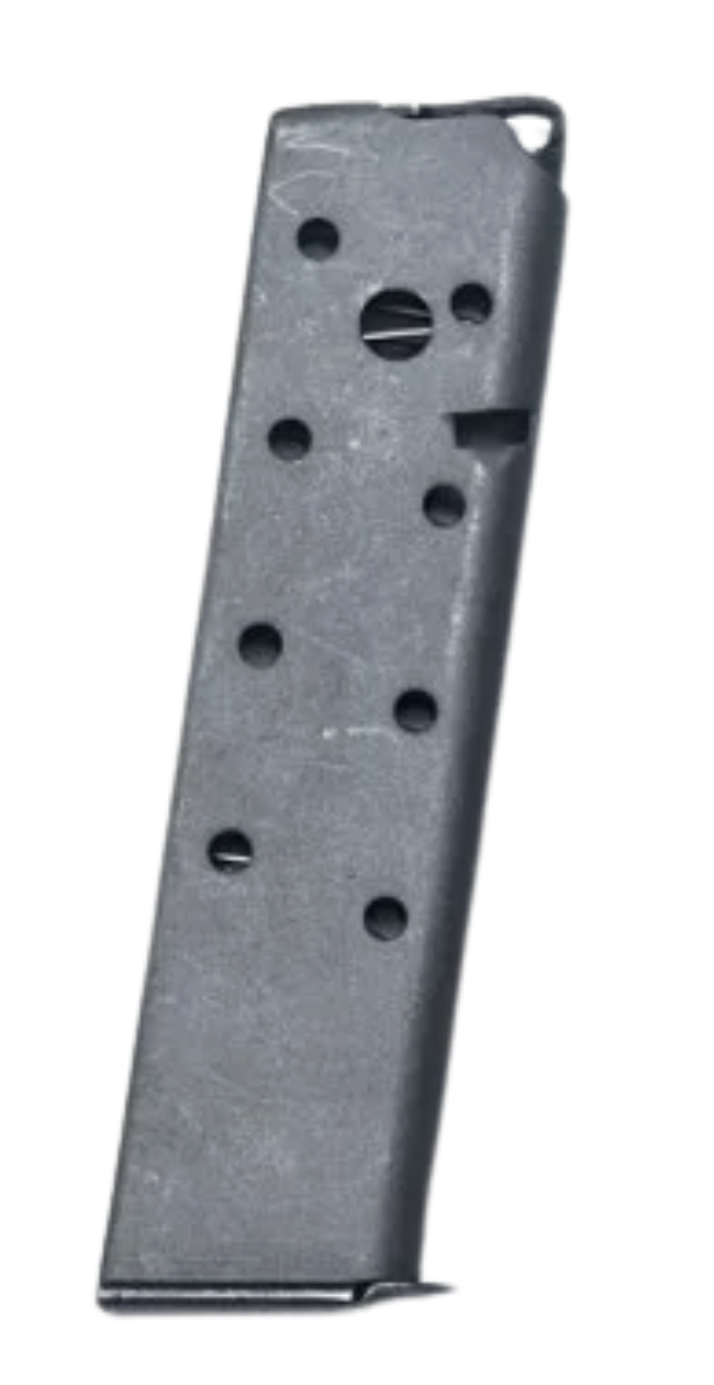 Metal handgun magazine on white background