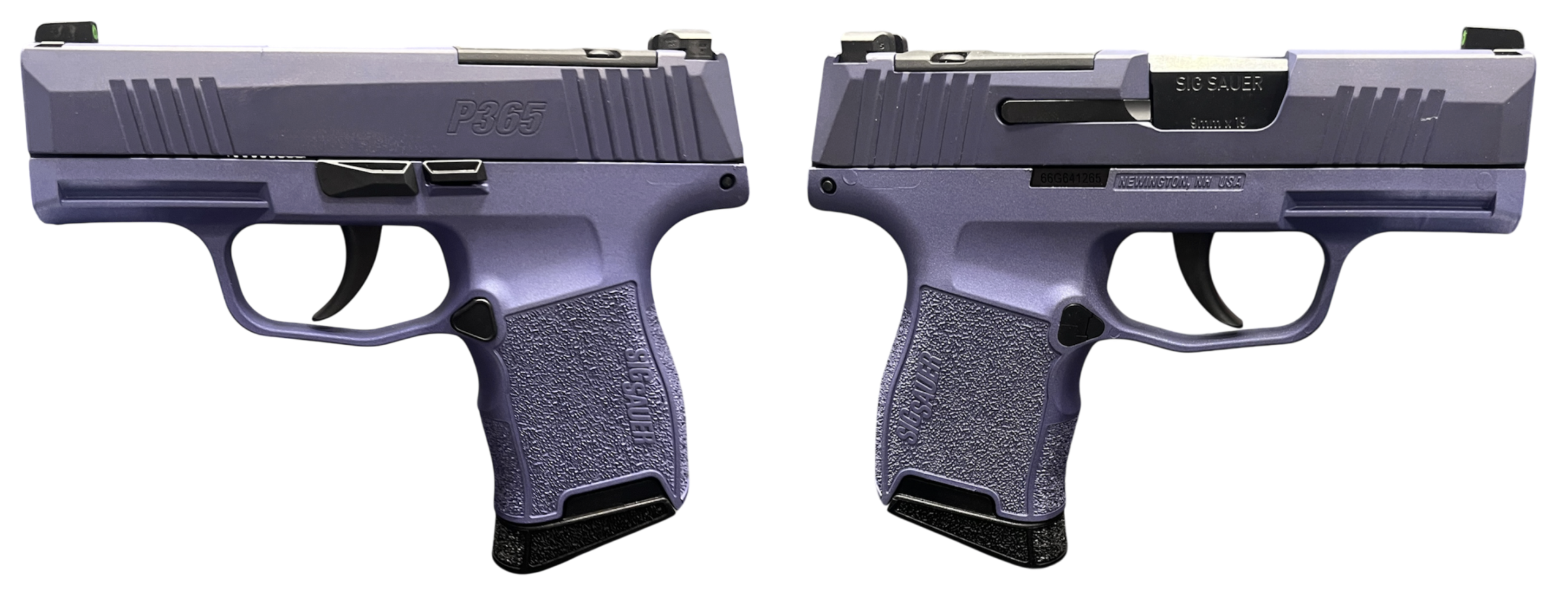 Purple Sig Sauer P365 handgun, side views