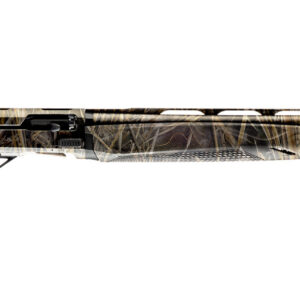Camouflage-patterned shotgun on white background