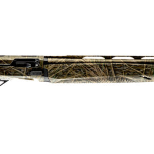 Camouflage-patterned semi-automatic shotgun on white background