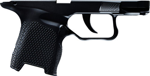 Close-up of black semi-automatic handgun grip and trigger