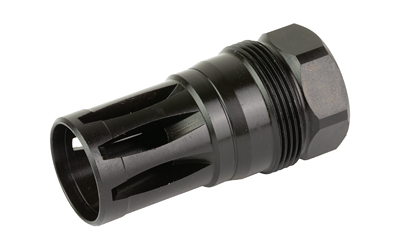 Black metal muzzle brake with threaded end