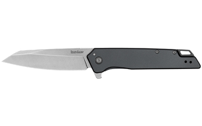 Gray folding pocket knife on white background