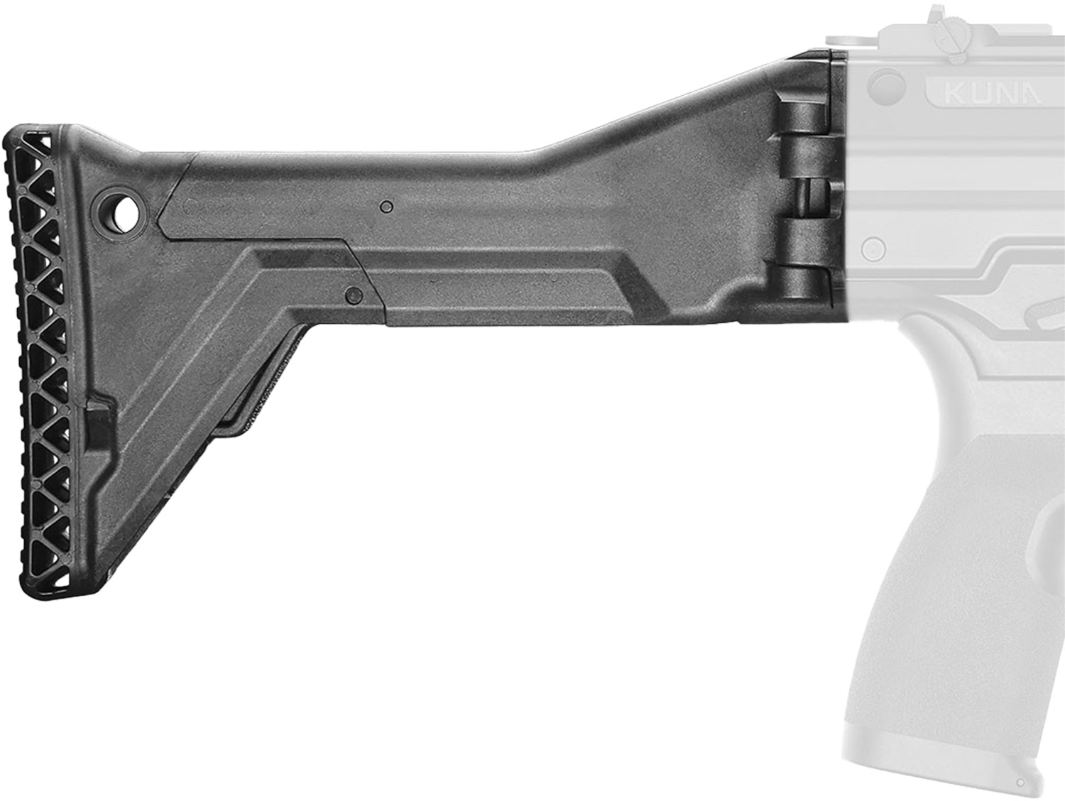 Black folding rifle stock attached to firearm