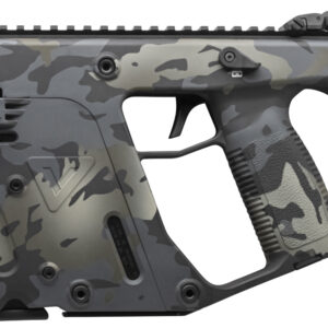Camouflage bullpup-style tactical rifle on white background