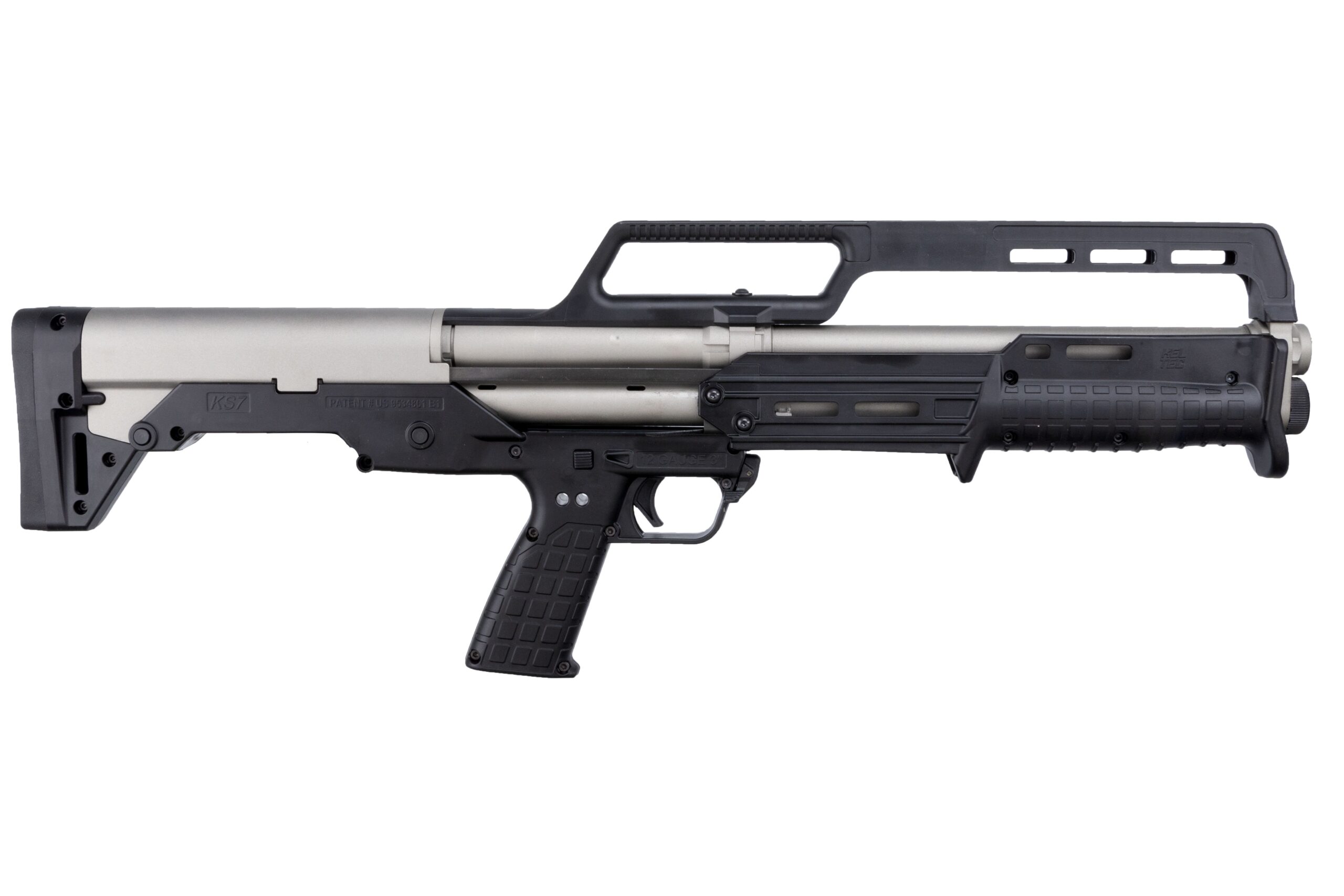 Bullpup-style shotgun with carry handle, side profile