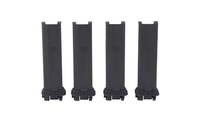 Four black pistol magazines on white background