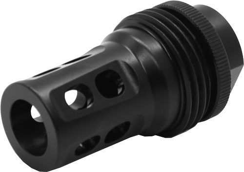 Black metal muzzle brake with side ports