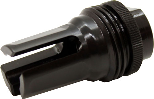 Black metal muzzle brake with pronged tip
