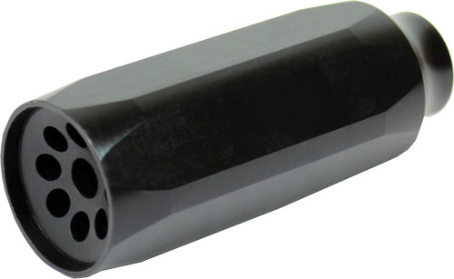 Black cylindrical muzzle device with multiple front holes