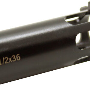 Black metal threaded muzzle device with vented tip