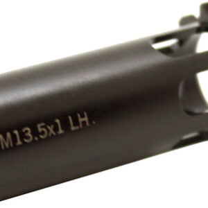 Black metal muzzle brake with threading and cutouts