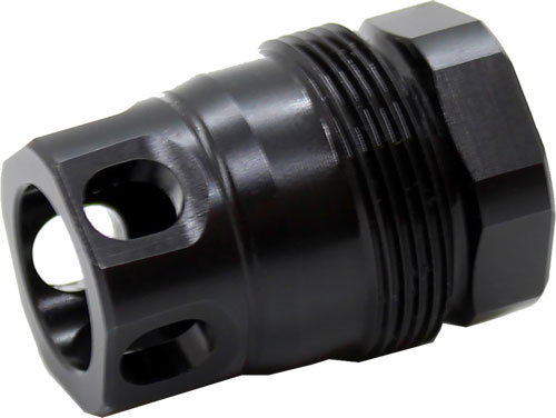 Black metal muzzle brake with side ports