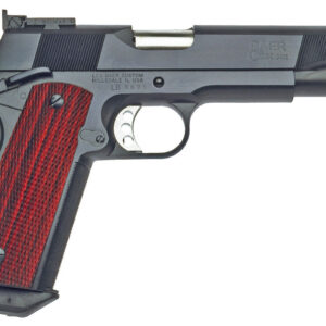 Black semi-automatic pistol with red grip panels