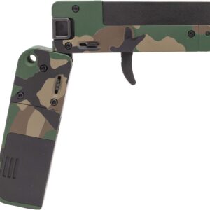 Camouflage folding firearm with visible trigger and grip