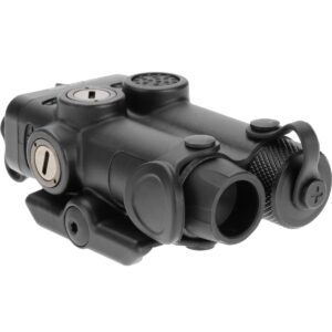 Black tactical laser sight device on white background