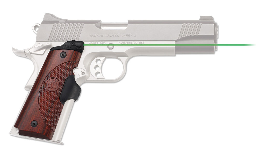 Silver handgun with wooden grip and green laser