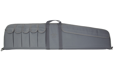 Gray padded rifle case with exterior pockets