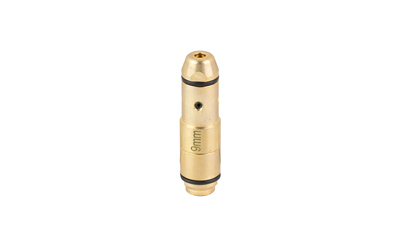 Brass laser bore sight cartridge on white background