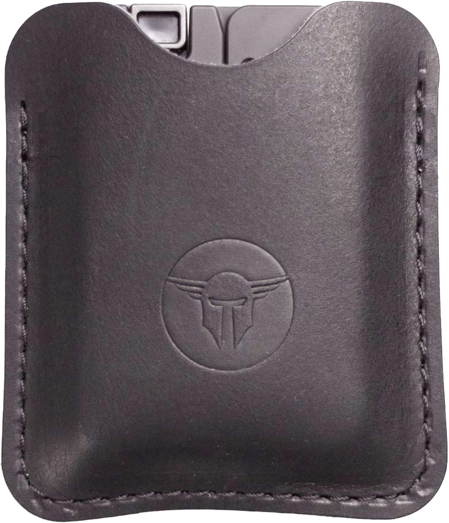 Black leather sheath with embossed winged helmet logo