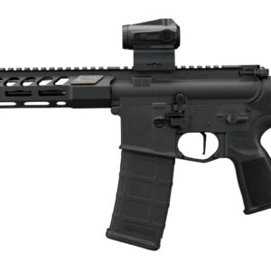 Black AR-15 style rifle with red dot sight