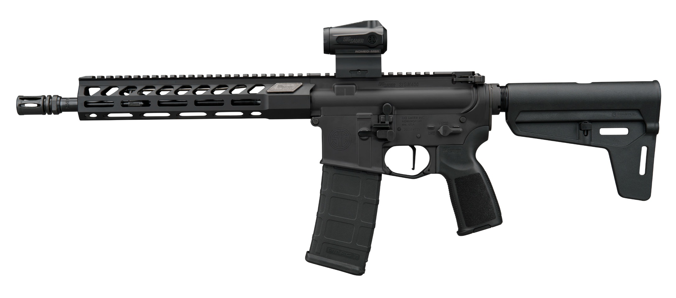 Black AR-15 style rifle with red dot sight