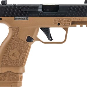 Tan and black semi-automatic pistol close-up