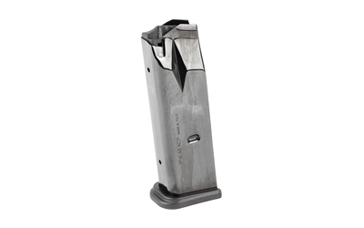 Metal handgun magazine with visible ammunition round