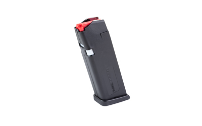 Black pistol magazine with red follower