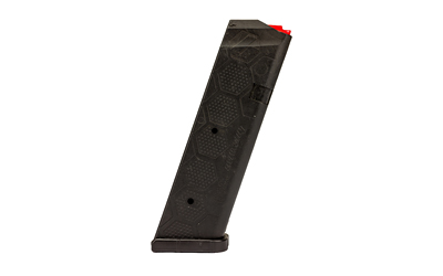 Black pistol magazine with red follower