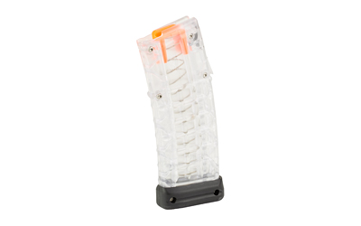 Transparent rifle magazine with visible spring and baseplate