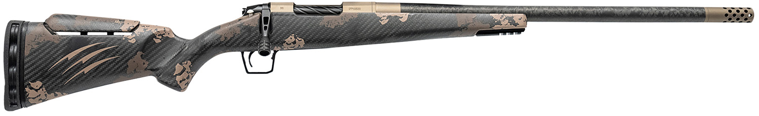 Camo-pattern bolt-action rifle with long barrel
