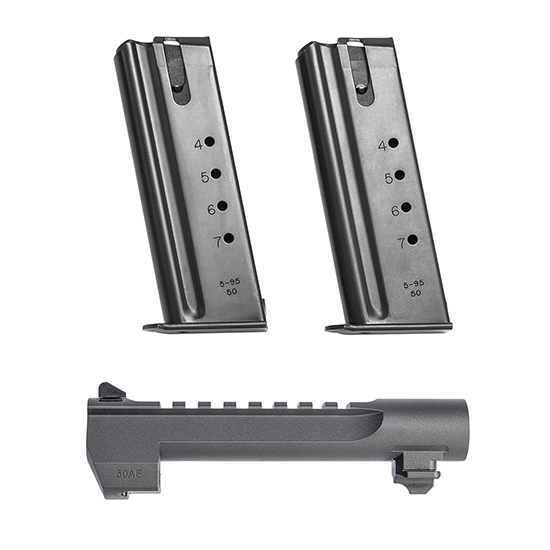 Two handgun magazines and pistol slide on white