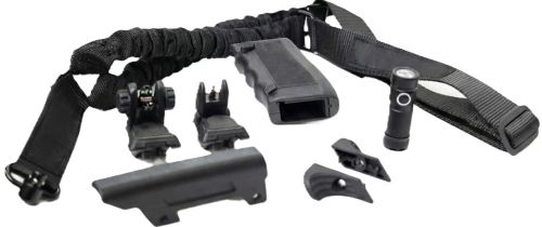 Tactical firearm accessories including stock, grip, and flashlight