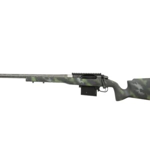 Camouflage bolt-action rifle on white background