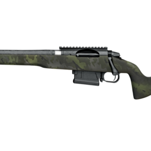 Bolt-action rifle with camouflage stock on white background