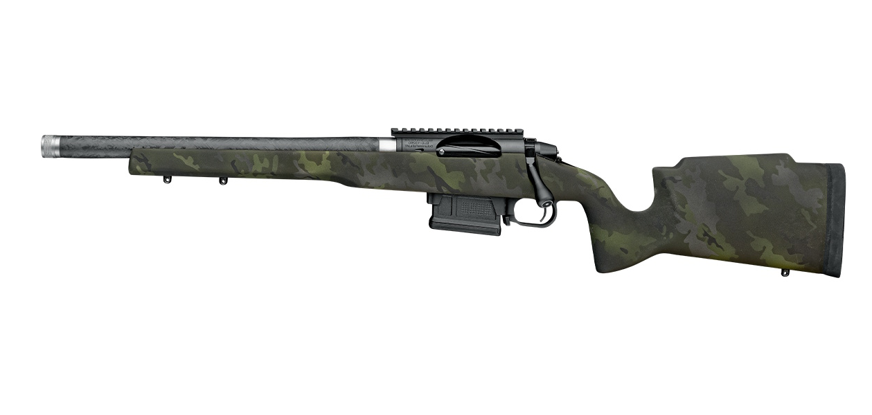 Bolt-action rifle with camouflage stock on white background