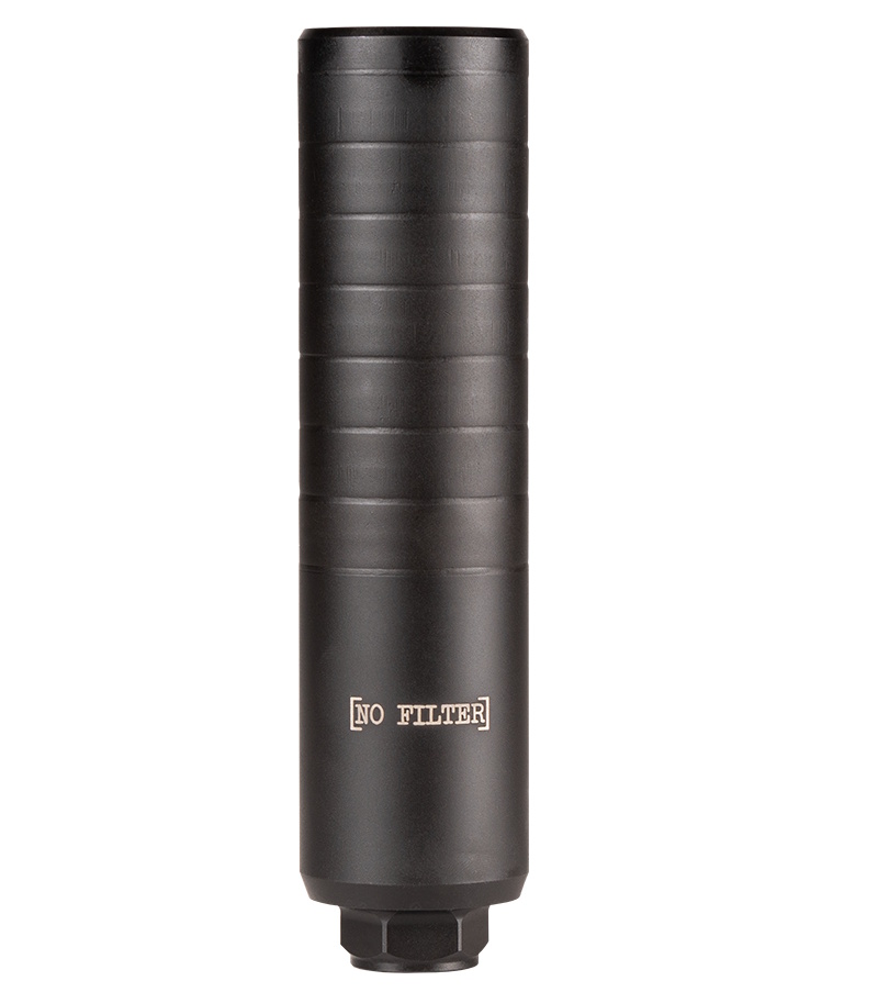 Black cylindrical firearm suppressor with ridged design