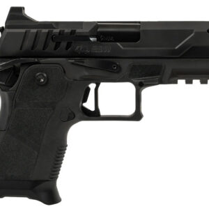 Black semi-automatic pistol on white background