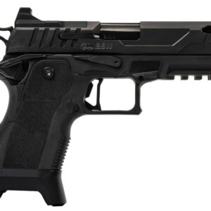 Black semi-automatic pistol on white background
