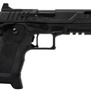Black semi-automatic pistol on white background