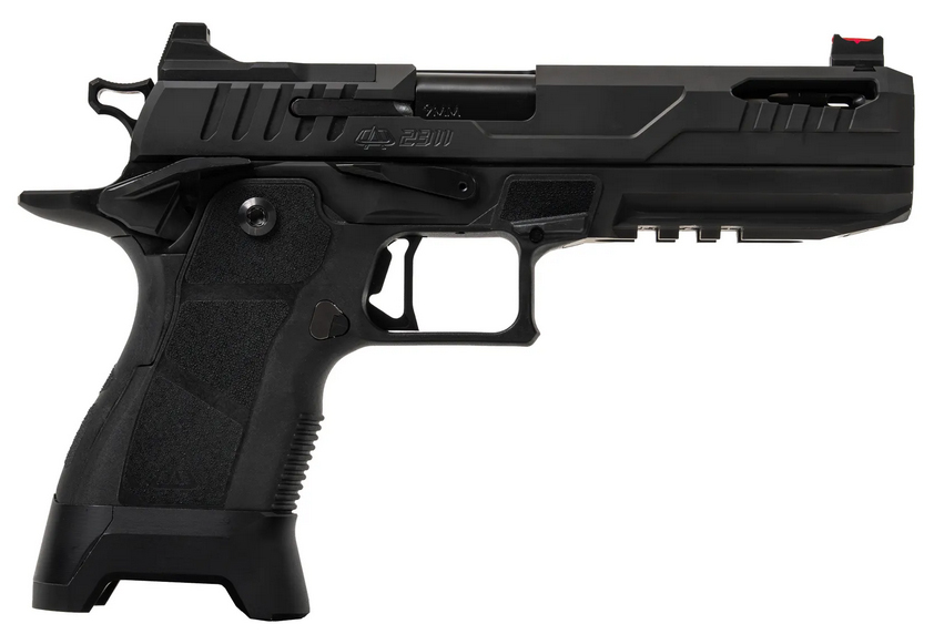 Black semi-automatic pistol on white background